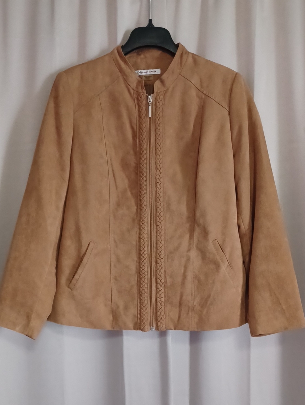Allison Daley Camel Tan Faux Suede Braided Trim Zip Front Jacket Size 14